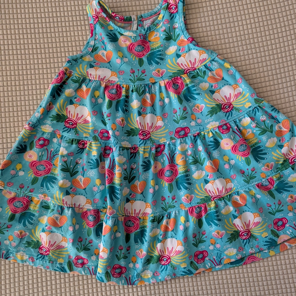 Ruffle Butts Turquoise Floral Tiered Dress with Pink Trim